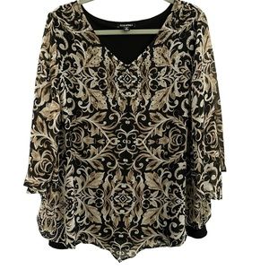 Roz & Ali V-Neck Lined Asymmetrical Sheer Sleeves With Black Rhinestones Size 2X